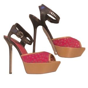 SERGIO ROSSI PLATFORM STILETTO PONY HAIR HEELS PINK BROWN TAN EU SIZE 38 US 7.5